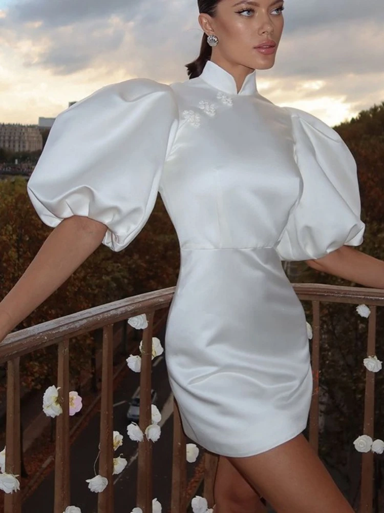 Tossy White Stand-up Collar Puff Sleeves Mini Dress Woman Satin High-Waisted A-line Dress Slim Elegant Female Summer Dress 2025
Tossy White Stand-up Collar Puff Sleeves Mini Dress Woman Satin High-Waisted A-line Dress Slim Elegant Female Summer Dress 2025