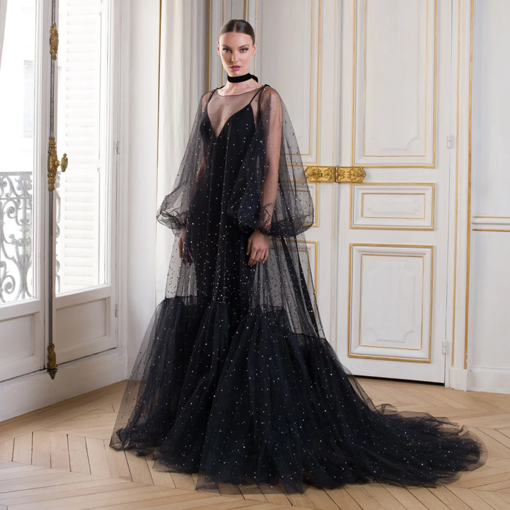 Elegant Black Shiny Tulle Long Maxi Gowns See Thru Puff Sleeves A-line Long Women Formal Party Dresses
Elegant Black Shiny Tulle Long Maxi Gowns See Thru Puff Sleeves A-line Long Women Formal Party Dresses