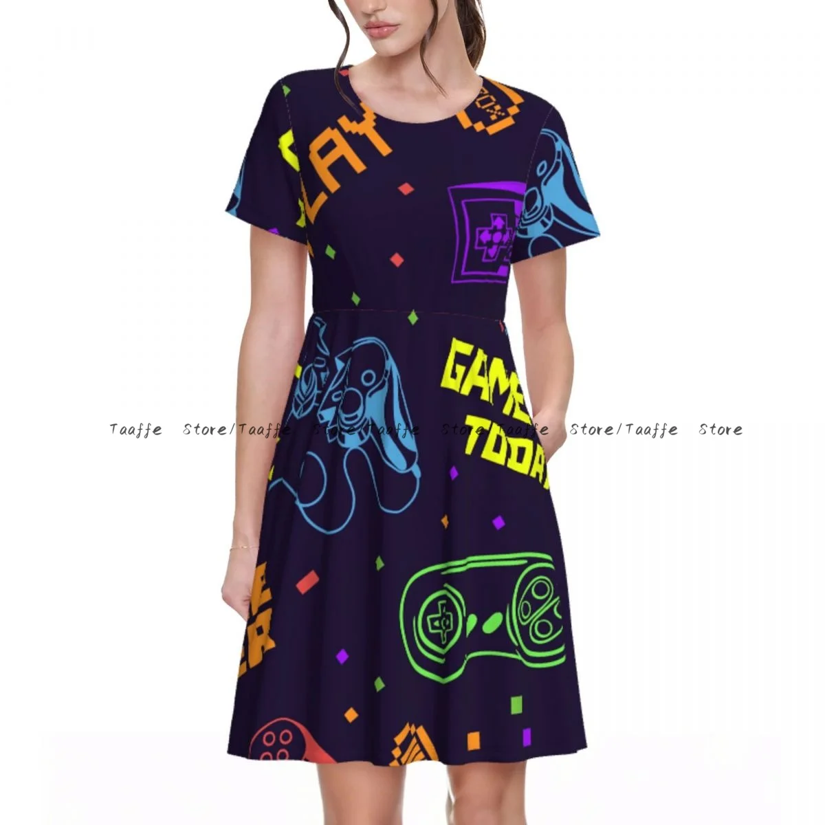 Elegant Women Dress Colorful Video Game Pattern Turn-down Collar Short Sleeve Body-Shaping Street Robe
Elegant Women Dress Colorful Video Game Pattern Turn-down Collar Short Sleeve Body-Shaping Street Robe