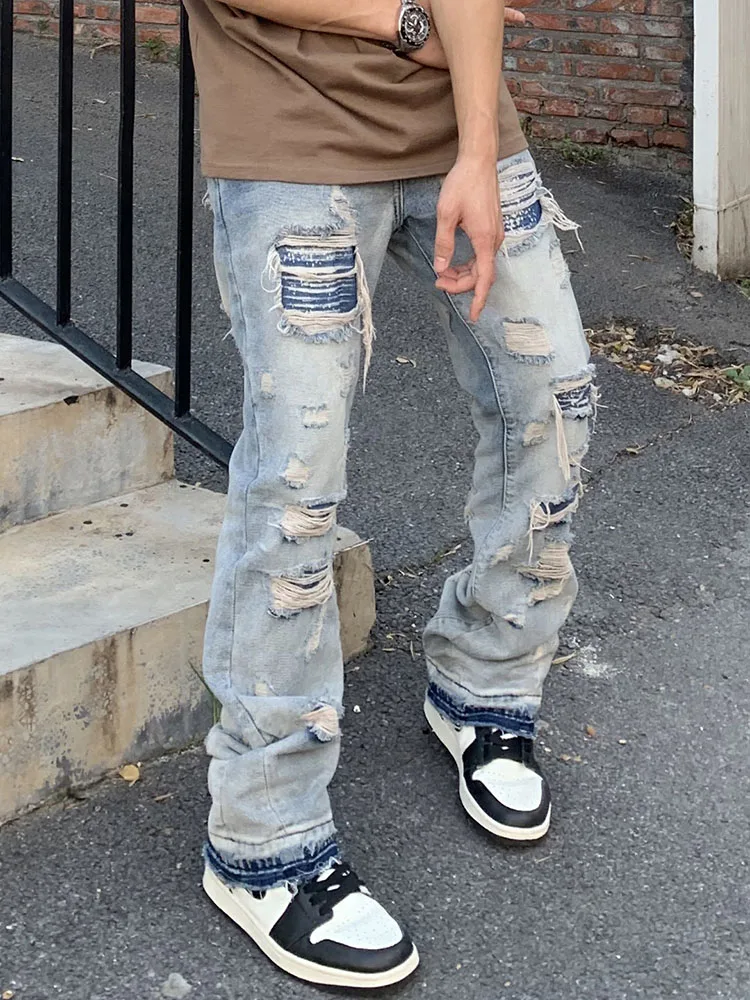American High Street Men's Denim Jeans Faded Design Sense Retro Pants Casual Loose Straight Leg Long Trousers with Patchwork
American High Street Men's Denim Jeans Faded Design Sense Retro Pants Casual Loose Straight Leg Long Trousers with Patchwork