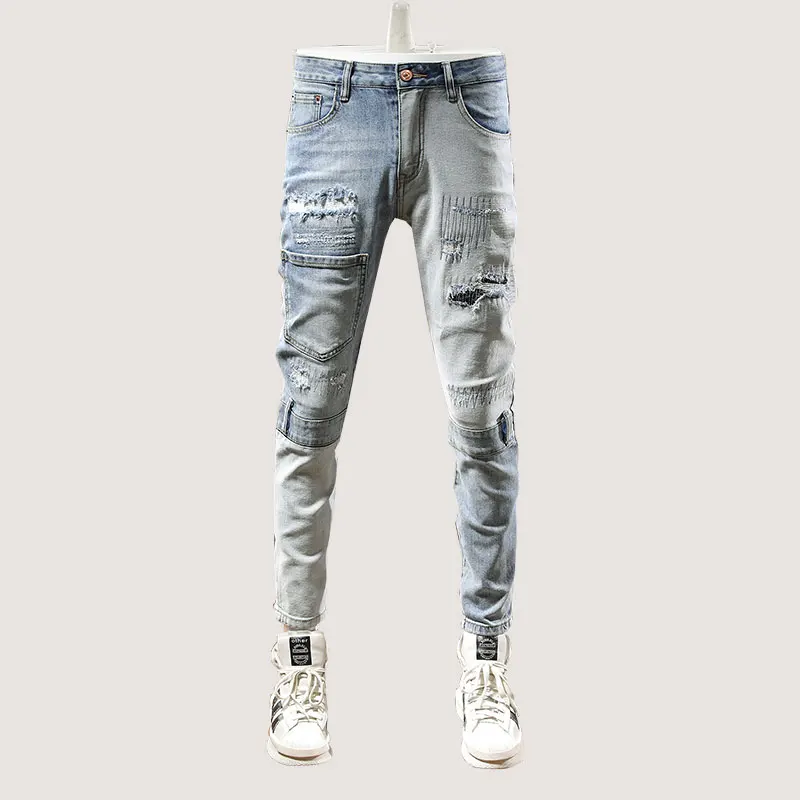 Street Fashion Men Jeans Retro Light Blue Elastic Spliced Designer Slim Ripped Jeans Men Embroidery Patched Hip Hop Pants Hombre
Street Fashion Men Jeans Retro Light Blue Elastic Spliced Designer Slim Ripped Jeans Men Embroidery Patched Hip Hop Pants Hombre