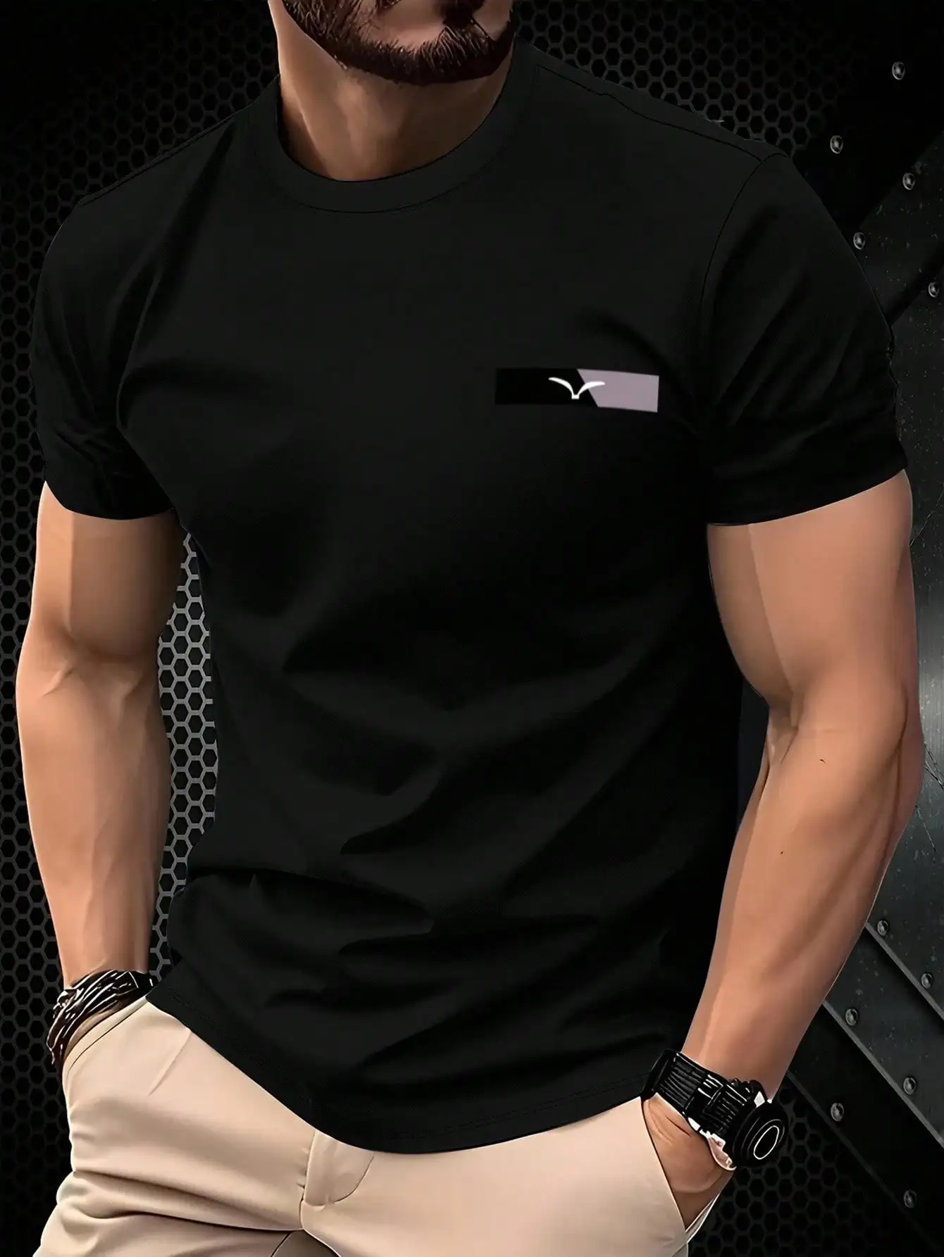 Men's Slim Fit Black Crew Neck Short Sleeve T-Shirt with Minimalist Graphic Print
Men's Slim Fit Black Crew Neck Short Sleeve T-Shirt with Minimalist Graphic Print