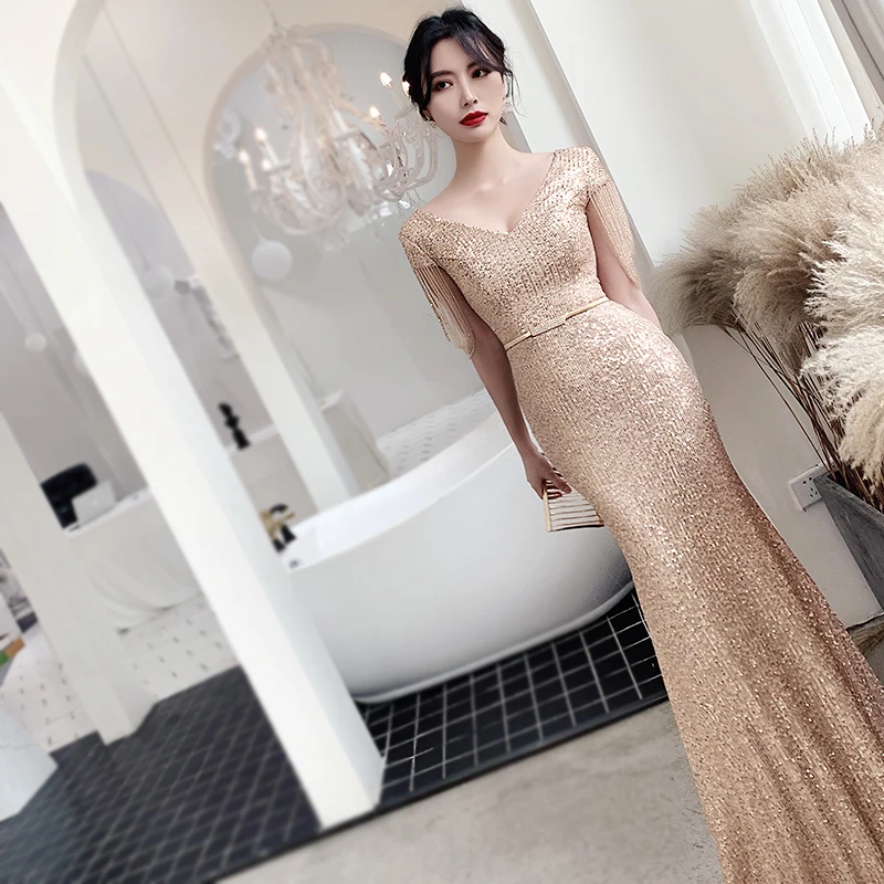 Shiny Sequin Evening Dresses With Beading Elegant V-Neck Floor-Length Mermaid Prom Dresses
Shiny Sequin Evening Dresses With Beading Elegant V-Neck Floor-Length Mermaid Prom Dresses