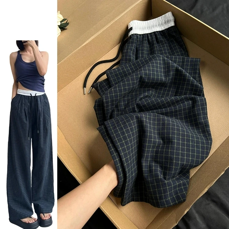 Loose Straight Leg Wide Leg Pants Women's Spring Summer New Style Slimming Trousers Hong Kong Style Lazy Plaid Pants
Loose Straight Leg Wide Leg Pants Women's Spring Summer New Style Slimming Trousers Hong Kong Style Lazy Plaid Pants