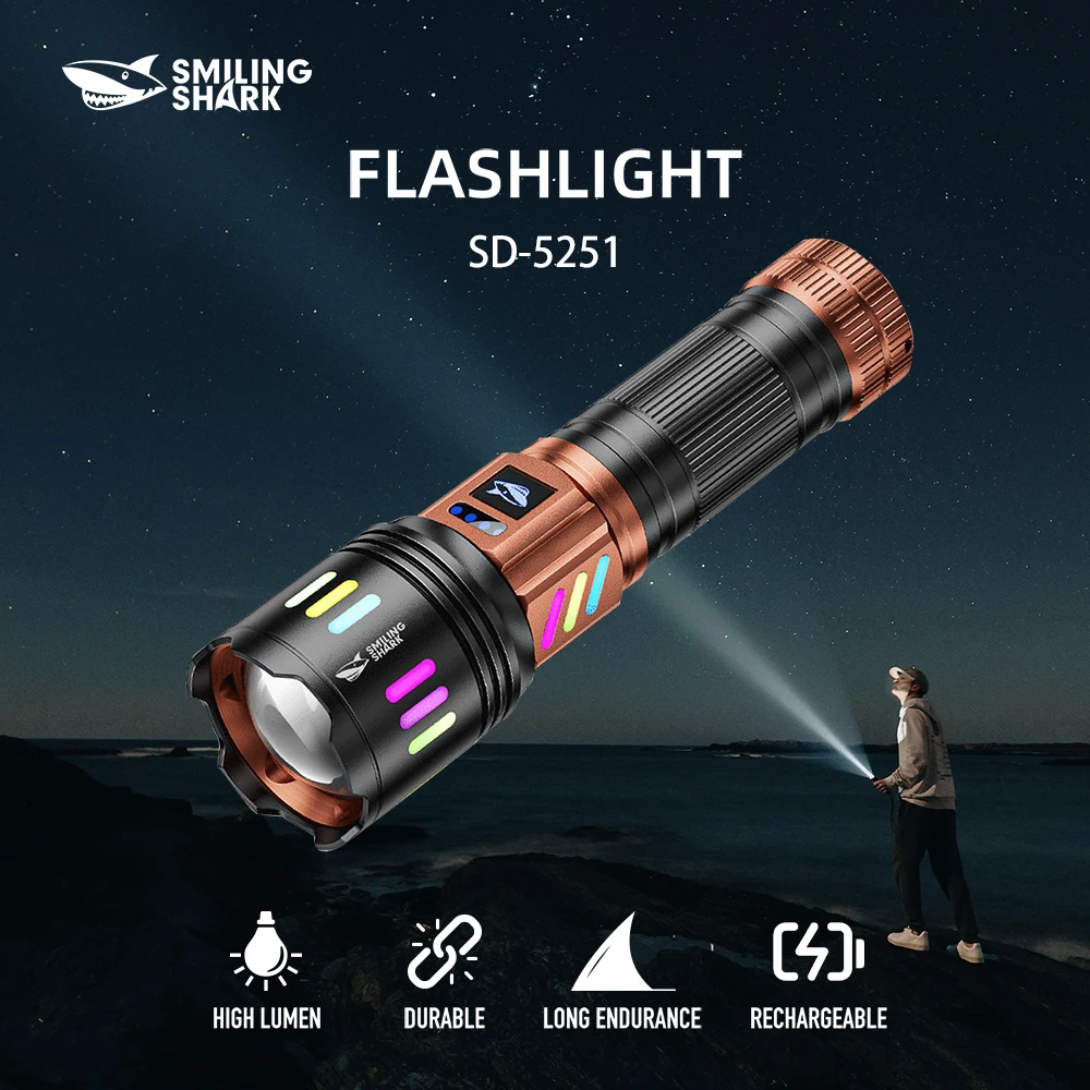 1 шт. светодиодный фонарик Smiling Shark SD-5251, супер яркий ручной фонарик, долговечная перезаряжаемая вспышка для улицы
1 шт. светодиодный фонарик Smiling Shark SD-5251, супер яркий ручной фонарик, долговечная перезаряжаемая вспышка для улицы