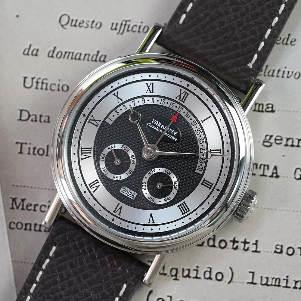Многофункциональные автоматические механические часы FARASUTE с отображением месяца, недели и года, мужские наручные часы с сапфировым стеклом, reloj hombre
Многофункциональные автоматические механические часы FARASUTE с отображением месяца, недели и года, мужские наручные часы с сапфировым стеклом, reloj hombre