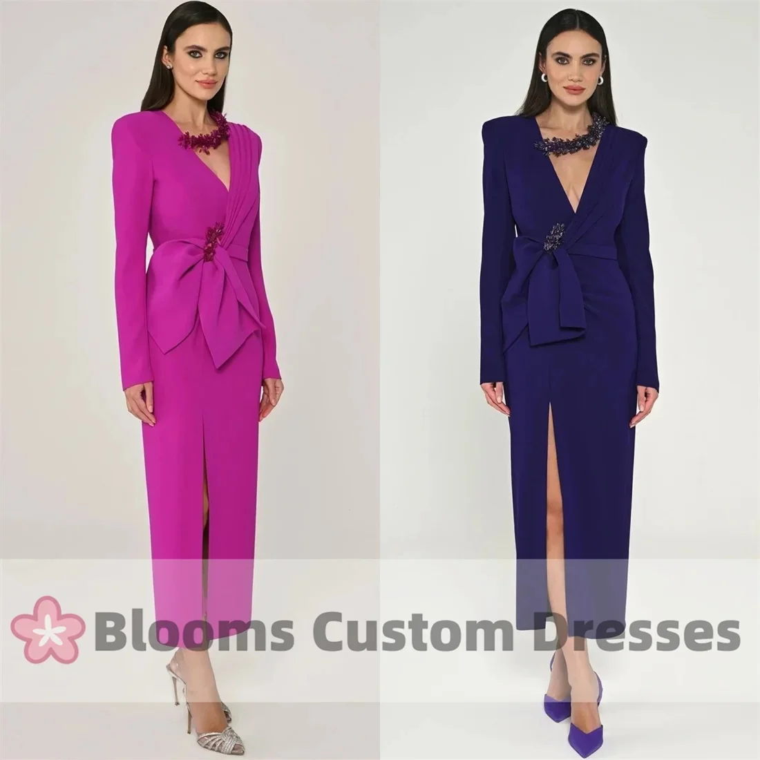 Blooms Long Sleeves Elegant Customized Evening Gown Beaded V-neck Ruched Straight Formal Occasion Dress Side Slit Prom Dress
Blooms Long Sleeves Elegant Customized Evening Gown Beaded V-neck Ruched Straight Formal Occasion Dress Side Slit Prom Dress