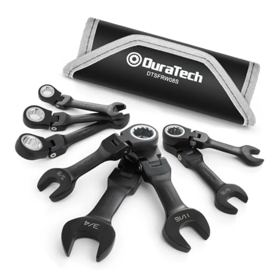 Stubby Flex-head Ratcheting Combination Wrench Set,,8-piece, 5/16" to 3/4", CR-V Steel, Black Electrophoretic Coating, with Rol
Stubby Flex-head Ratcheting Combination Wrench Set,,8-piece, 5/16" to 3/4", CR-V Steel, Black Electrophoretic Coating, with Rol