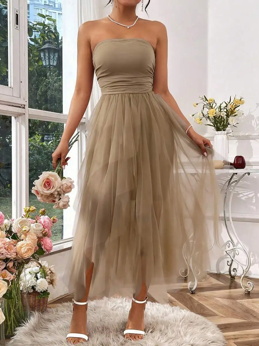 Women Solid Color Strapless Tulle Maxi Dress For Party Formal Occasion
Women Solid Color Strapless Tulle Maxi Dress For Party Formal Occasion