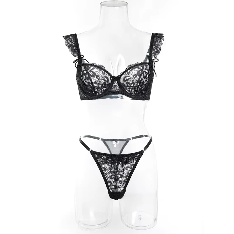 Bikini see-through lace with small ruffle sleeves and bow lingerie set
Bikini see-through lace with small ruffle sleeves and bow lingerie set