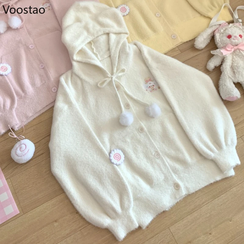 Японский кавайный стиль Лолита, вязаный кардиган, женский Y2k, свободный свитер с капюшоном и мультяшной вышивкой, осень-зима, милый вязаный топ
Японский кавайный стиль Лолита, вязаный кардиган, женский Y2k, свободный свитер с капюшоном и мультяшной вышивкой, осень-зима, милый вязаный топ