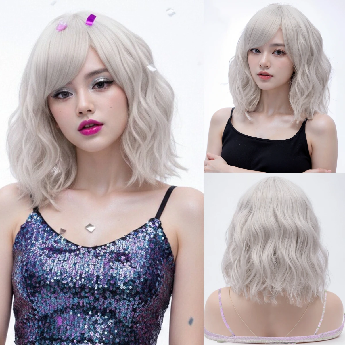 Synthetic Short Silvery Gray Curly Wave Bob Wig with Bangs For Women Costumes & Themed Parties Wear Fake Hair Heat Resistant
Synthetic Short Silvery Gray Curly Wave Bob Wig with Bangs For Women Costumes & Themed Parties Wear Fake Hair Heat Resistant