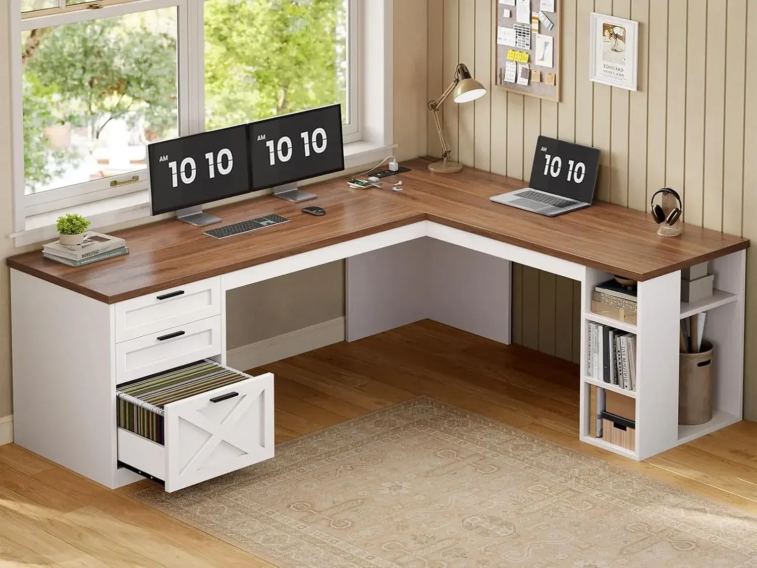 Farmhouse 67" L Shaped Desk with 3 Drawers, White Corner Computer Desk with Storage Shelves, Home Office Desks with Power Outlet
Farmhouse 67" L Shaped Desk with 3 Drawers, White Corner Computer Desk with Storage Shelves, Home Office Desks with Power Outlet