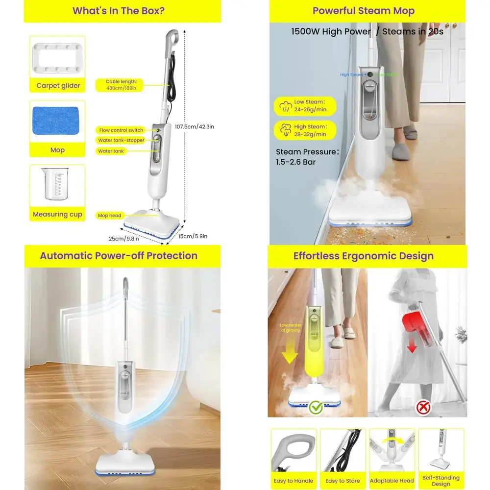 Powerful Steam Mop for Hardwood and Tile Floors, Ergonomic Design, Adjustable Modes, 1500W, 16.4ft Cord, 400ml Tank, 2 Washable
Powerful Steam Mop for Hardwood and Tile Floors, Ergonomic Design, Adjustable Modes, 1500W, 16.4ft Cord, 400ml Tank, 2 Washable