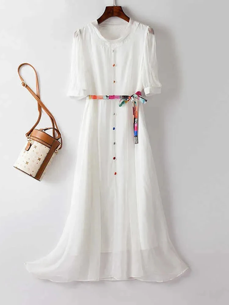 2022 Summer Women Artificial Silk Dresses Elegant Short Sleeve White Party Dresses Casual O neck Colorful Belt Female Dress
2022 Summer Women Artificial Silk Dresses Elegant Short Sleeve White Party Dresses Casual O neck Colorful Belt Female Dress