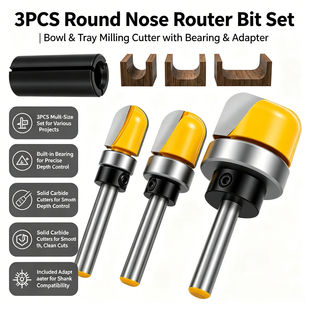 1/4" Shank Bowl and Tray Template Router Bit Set Carbide Juice Groove Round Nose Router Bit With Bearing For Woodworking
1/4" Shank Bowl and Tray Template Router Bit Set Carbide Juice Groove Round Nose Router Bit With Bearing For Woodworking