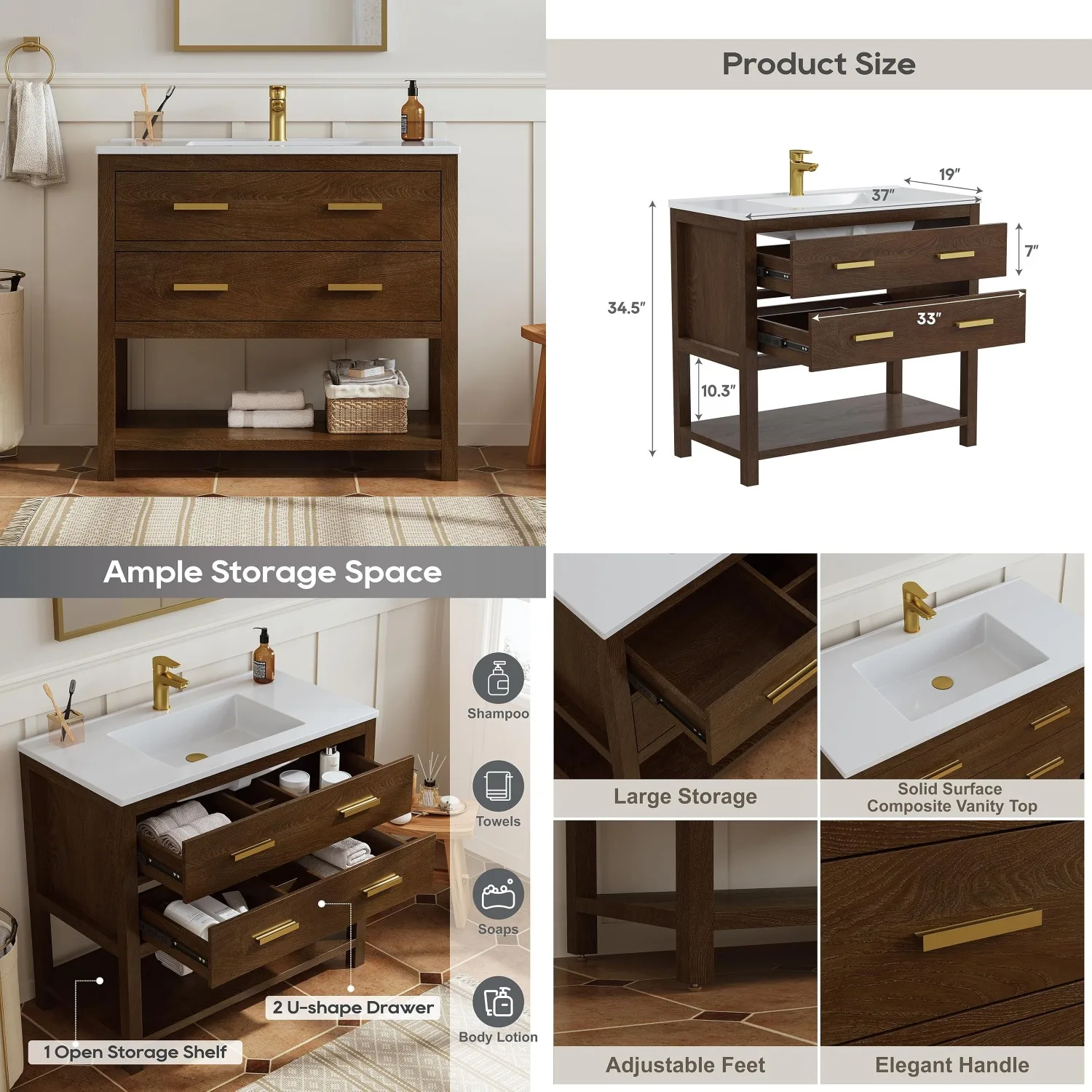 36in Walnut Bathroom Vanity with Sink, Farmhouse Cabinet Drawers & Open Shelf Adjustable Feet, Customized
36in Walnut Bathroom Vanity with Sink, Farmhouse Cabinet Drawers & Open Shelf Adjustable Feet, Customized