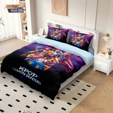 3pcs K-Pop Demon Hunters Print kernloze beddengoedset Multi-size beddengoed Slaapzaal dekbedovertrek, zachte decoratie, machinewasbaar