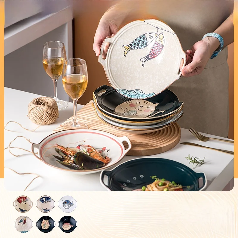 Japanese Style Ceramic Plate with Handles Hand Painted Creative Personalized Double Ear Salad Dish Cute round Dining Utensils
Japanese Style Ceramic Plate with Handles Hand Painted Creative Personalized Double Ear Salad Dish Cute round Dining Utensils