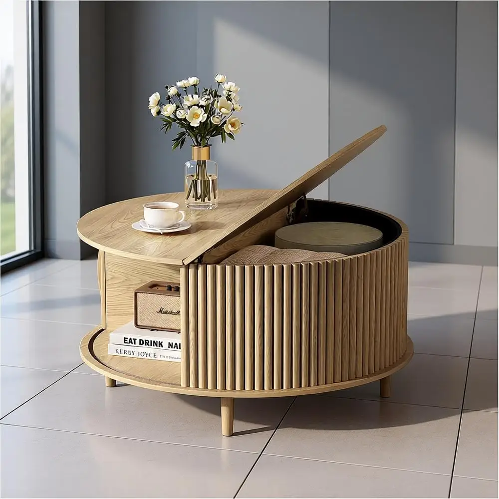 Modern Oak Fluted Drum Coffee Table with Sliding Door Storage, 31.5 Diameter, Ideal for Small Apartments
Modern Oak Fluted Drum Coffee Table with Sliding Door Storage, 31.5 Diameter, Ideal for Small Apartments