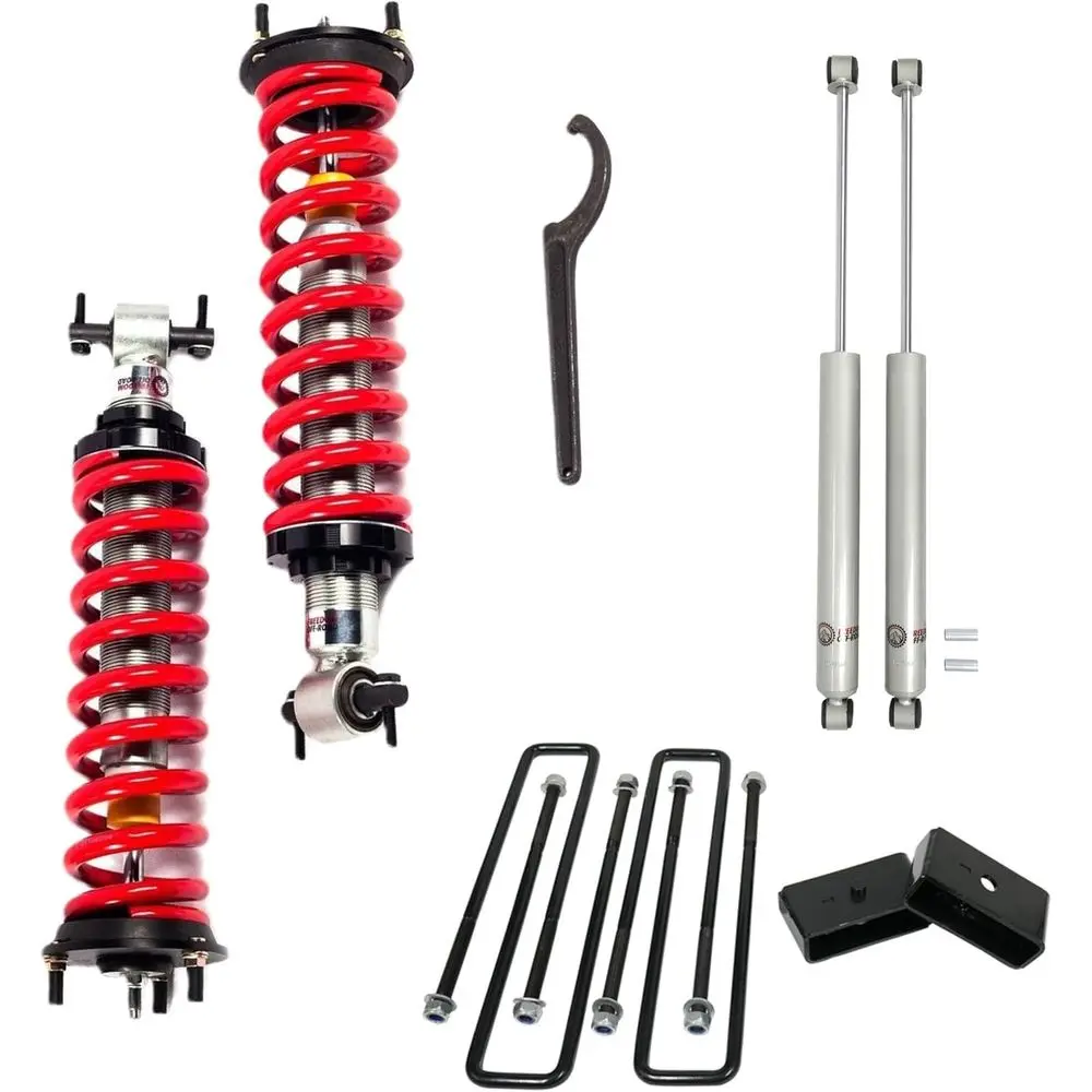 1-4 Adjustable Front Coilovers and 3 Rear Lift Blocks with U-Bolts and Shocks for 2007-2018 1500 Trucks
1-4 Adjustable Front Coilovers and 3 Rear Lift Blocks with U-Bolts and Shocks for 2007-2018 1500 Trucks