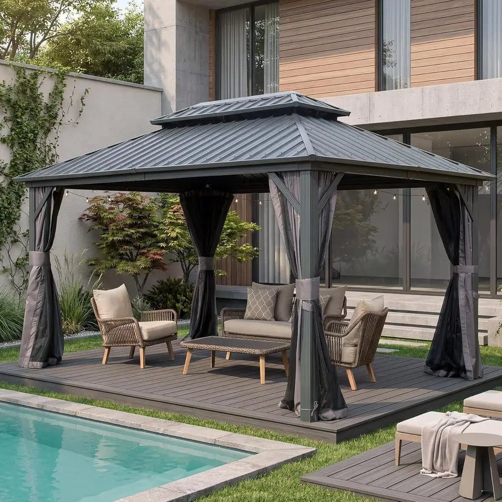 Domi 10' x 14' Hardtop Gazebo Permanent Metal Gazebo with Galvanized Steel Double Roo, Curtains and Netting or Outdoor Dining, P
Domi 10' x 14' Hardtop Gazebo Permanent Metal Gazebo with Galvanized Steel Double Roo, Curtains and Netting or Outdoor Dining, P