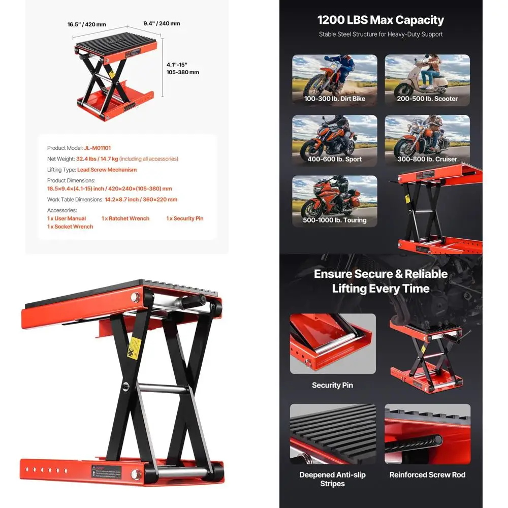 1200lb Capacity Heavy-Duty Motorcycle Lift Stand with Anti-Slip Rubber and Crank for Bike Repair
1200lb Capacity Heavy-Duty Motorcycle Lift Stand with Anti-Slip Rubber and Crank for Bike Repair