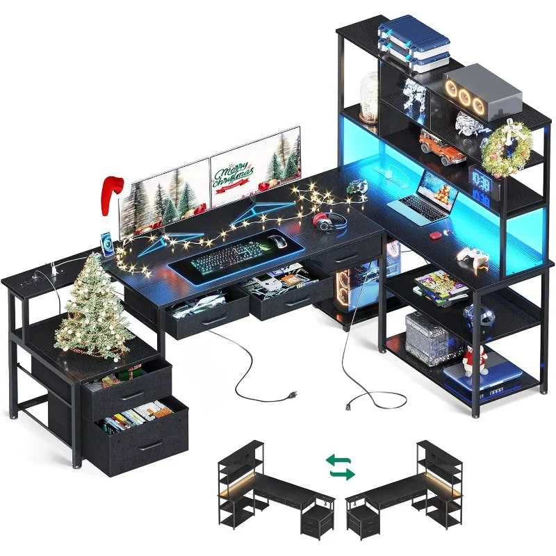 79 inch L Shaped Desk with File Drawers, Reversible L Shaped Gaming Desk with Power Outlets & LED Lights, Black
79 inch L Shaped Desk with File Drawers, Reversible L Shaped Gaming Desk with Power Outlets & LED Lights, Black