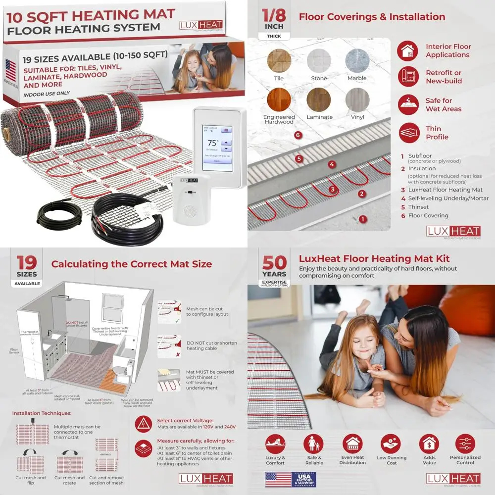 Electric Radiant Heating System for Tile and Laminate Floors - 120V In-Floor Heating Mat Kit, 10 Square Feet Coverage
Electric Radiant Heating System for Tile and Laminate Floors - 120V In-Floor Heating Mat Kit, 10 Square Feet Coverage