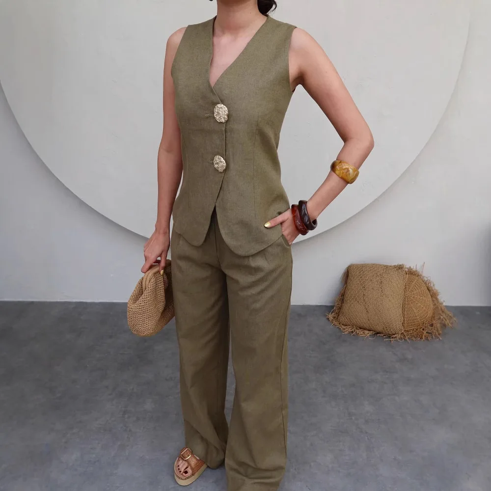 Осенние новые женские комплекты из 2 предметов, жилет для поездок на работу, топы с высокой талией, широкие брюки, весенний комплект рабочих брюк без рукавов с v-образным вырезом и пуговицами
Осенние новые женские комплекты из 2 предметов, жилет для поездок на работу, топы с высокой талией, широкие брюки, весенний комплект рабочих брюк без рукавов с v-образным вырезом и пуговицами