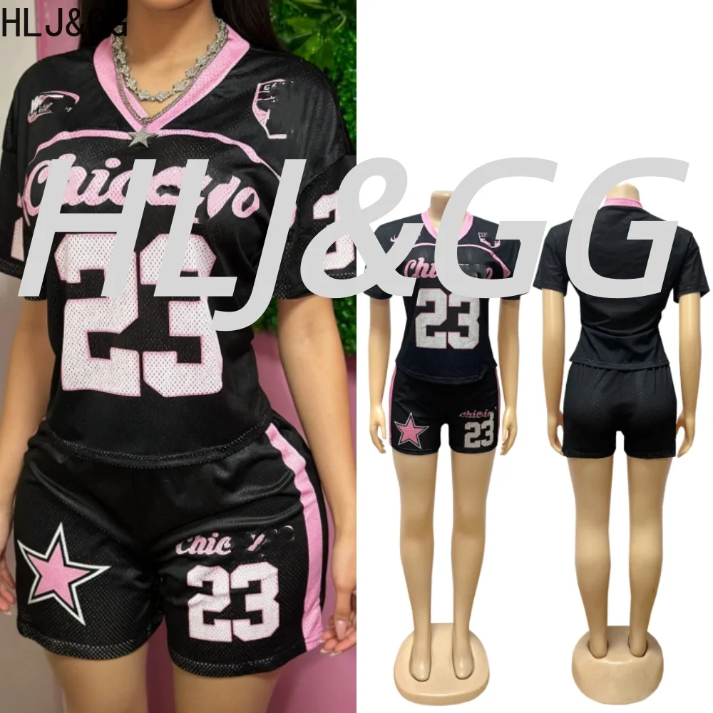 HLJ&GG Black Fashion American Letter Print Jersey Two Piece Sets Women V Neck Mesh Tshirts + Shorts Outfits Summer Tracksuits BR
HLJ&GG Black Fashion American Letter Print Jersey Two Piece Sets Women V Neck Mesh Tshirts + Shorts Outfits Summer Tracksuits BR