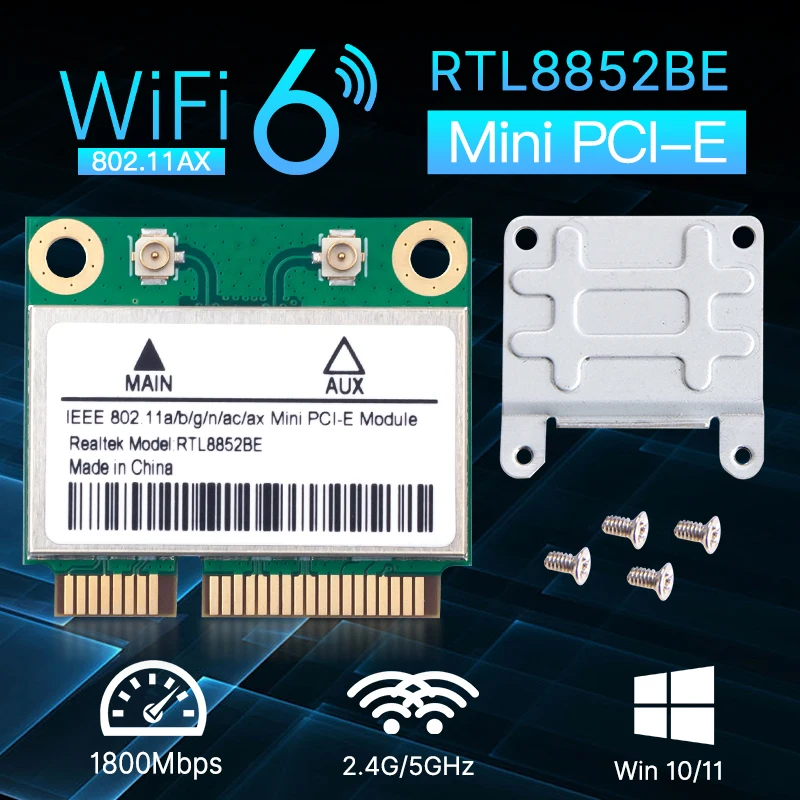 Сетевая карта WiFi 6 AX1800 Mini PCIE RTL8852BE Bluetooth 5,2 двухдиапазонный 2,4G/5G 802.11AX Wlan беспроводной адаптер для Windows 10/11
Сетевая карта WiFi 6 AX1800 Mini PCIE RTL8852BE Bluetooth 5,2 двухдиапазонный 2,4G/5G 802.11AX Wlan беспроводной адаптер для Windows 10/11