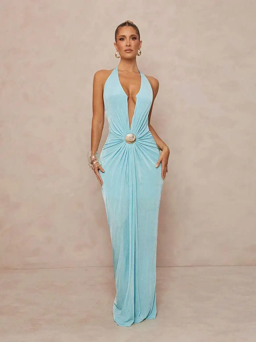 Sky Blue Halter Neck Maxi Dress with Deep V Plunge and Ruched Waist Detail
Sky Blue Halter Neck Maxi Dress with Deep V Plunge and Ruched Waist Detail