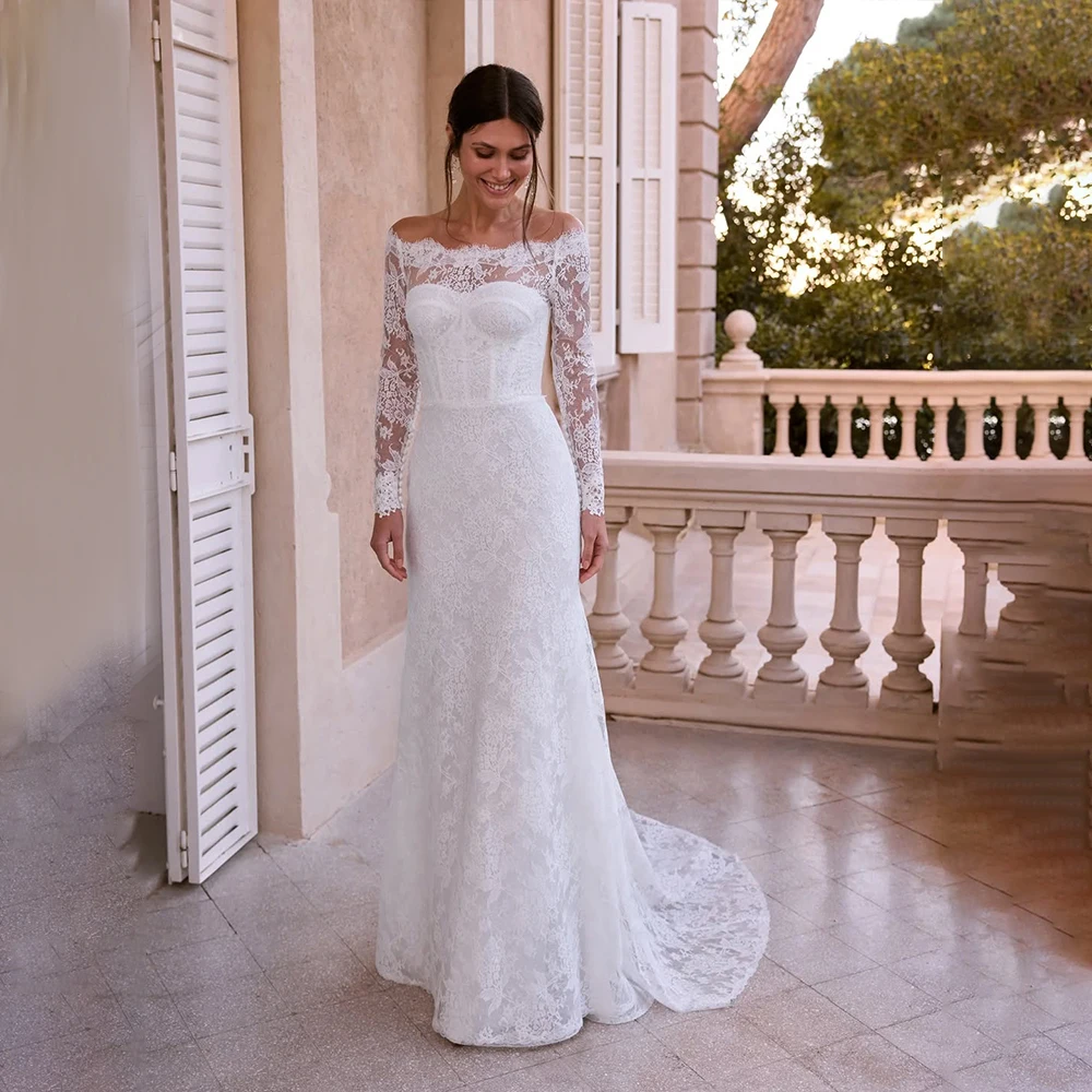 Lace Off Shoulder Weddings Dresses Long Sleeve Mermaid White Bride Dress Summer Garden Bridal Gown vestidos de novia Customized
Lace Off Shoulder Weddings Dresses Long Sleeve Mermaid White Bride Dress Summer Garden Bridal Gown vestidos de novia Customized