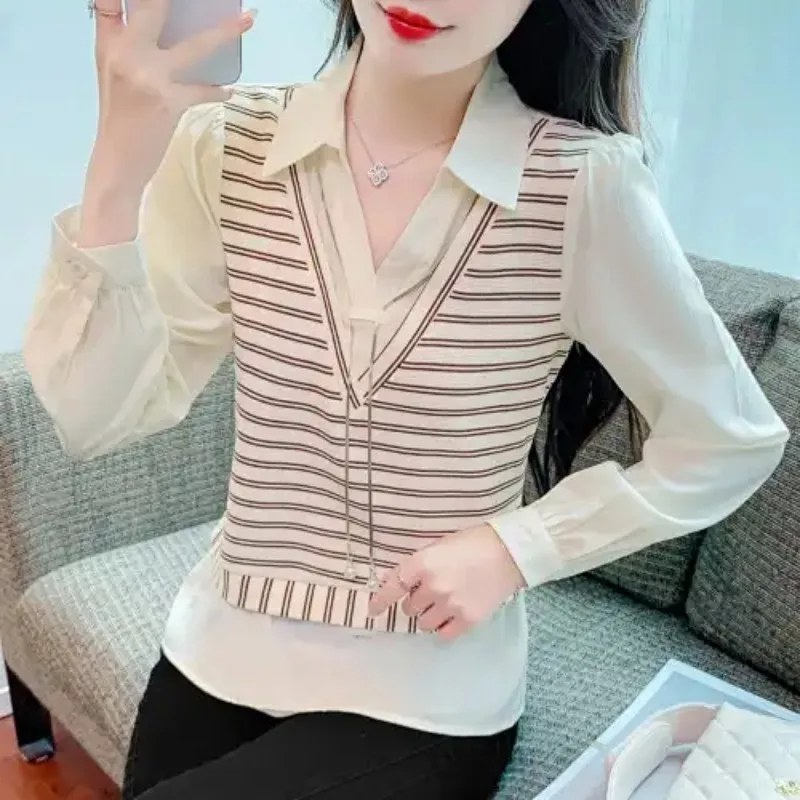 Women's Beige Fake Two-Piece Blouse Striped Vest Design Collar Long Sleeve Loose Casual Elegant Office Top
Women's Beige Fake Two-Piece Blouse Striped Vest Design Collar Long Sleeve Loose Casual Elegant Office Top