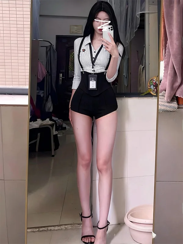 Summer College Style Outfit Set Stripe V-Neck Long Sleeve Waist-Cinched Shirt Women's Overalls Black Shorts Two-Piece Suit
Summer College Style Outfit Set Stripe V-Neck Long Sleeve Waist-Cinched Shirt Women's Overalls Black Shorts Two-Piece Suit