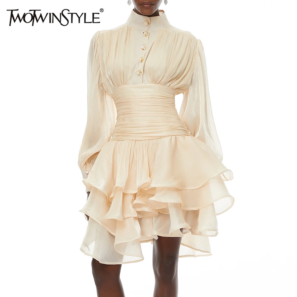 TWOTWINSTYLE Elegant Slimming Spliced Ruffles Folds Mini Dresses for Women Stand Neck Long Sleeves High Waist Dress Female New
TWOTWINSTYLE Elegant Slimming Spliced Ruffles Folds Mini Dresses for Women Stand Neck Long Sleeves High Waist Dress Female New
