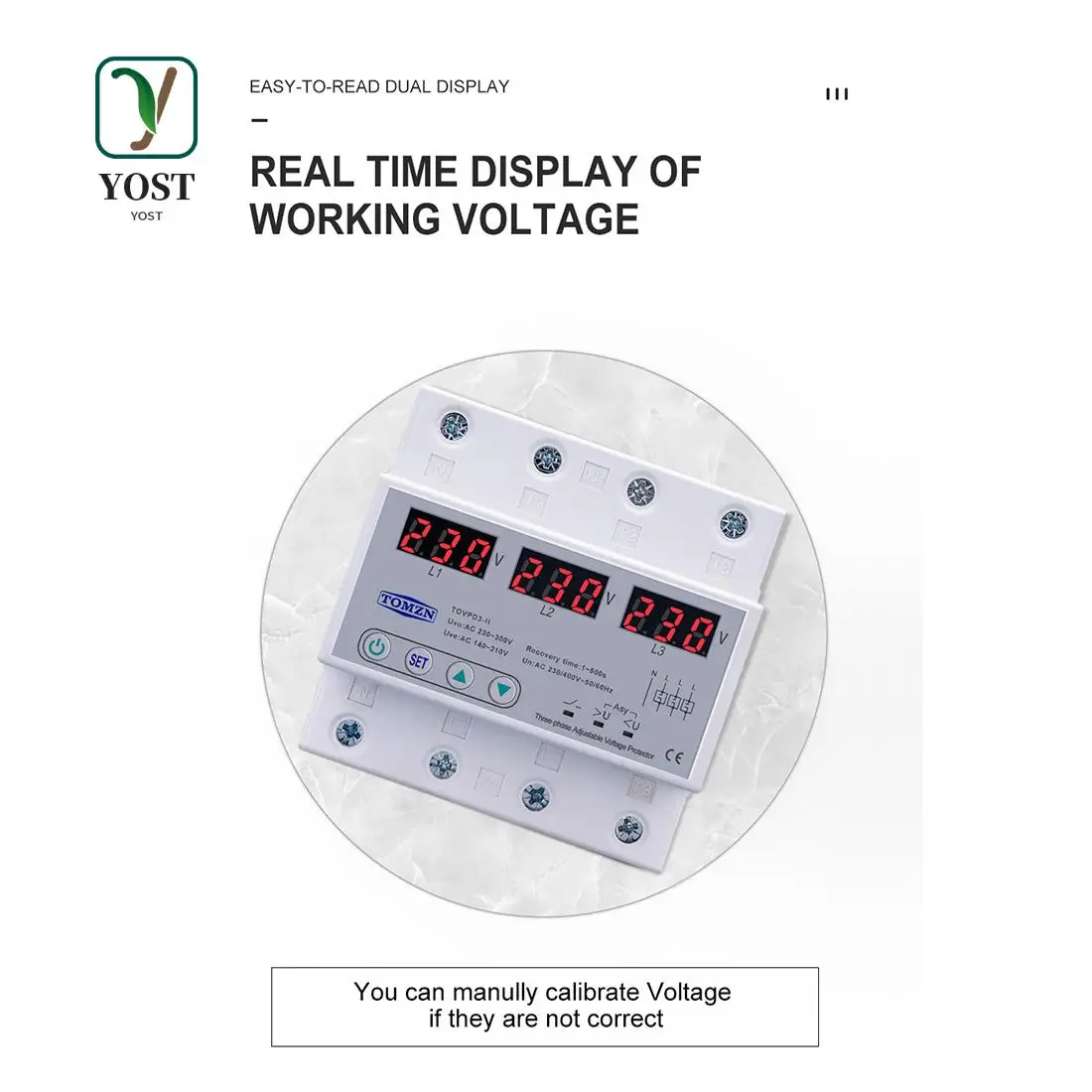 YOST-TOMZN Three Phase Adjustable Over And Under Voltage Protector Automatic Recovery Protective Device Reset 63A 380V
YOST-TOMZN Three Phase Adjustable Over And Under Voltage Protector Automatic Recovery Protective Device Reset 63A 380V