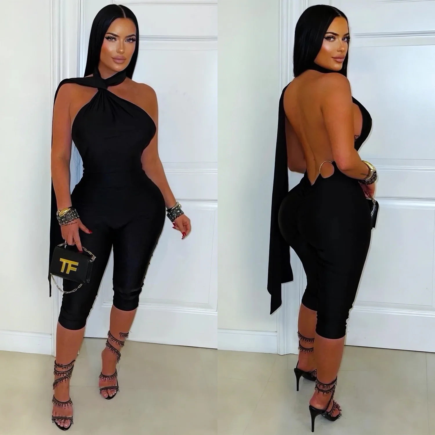 Sexy Backless Ruched Halter Neck Tie Solid Slim Fit Capris Jumpsuit Women Fashion Overalls Playsuits Beach Vacation Clubwear
Sexy Backless Ruched Halter Neck Tie Solid Slim Fit Capris Jumpsuit Women Fashion Overalls Playsuits Beach Vacation Clubwear
