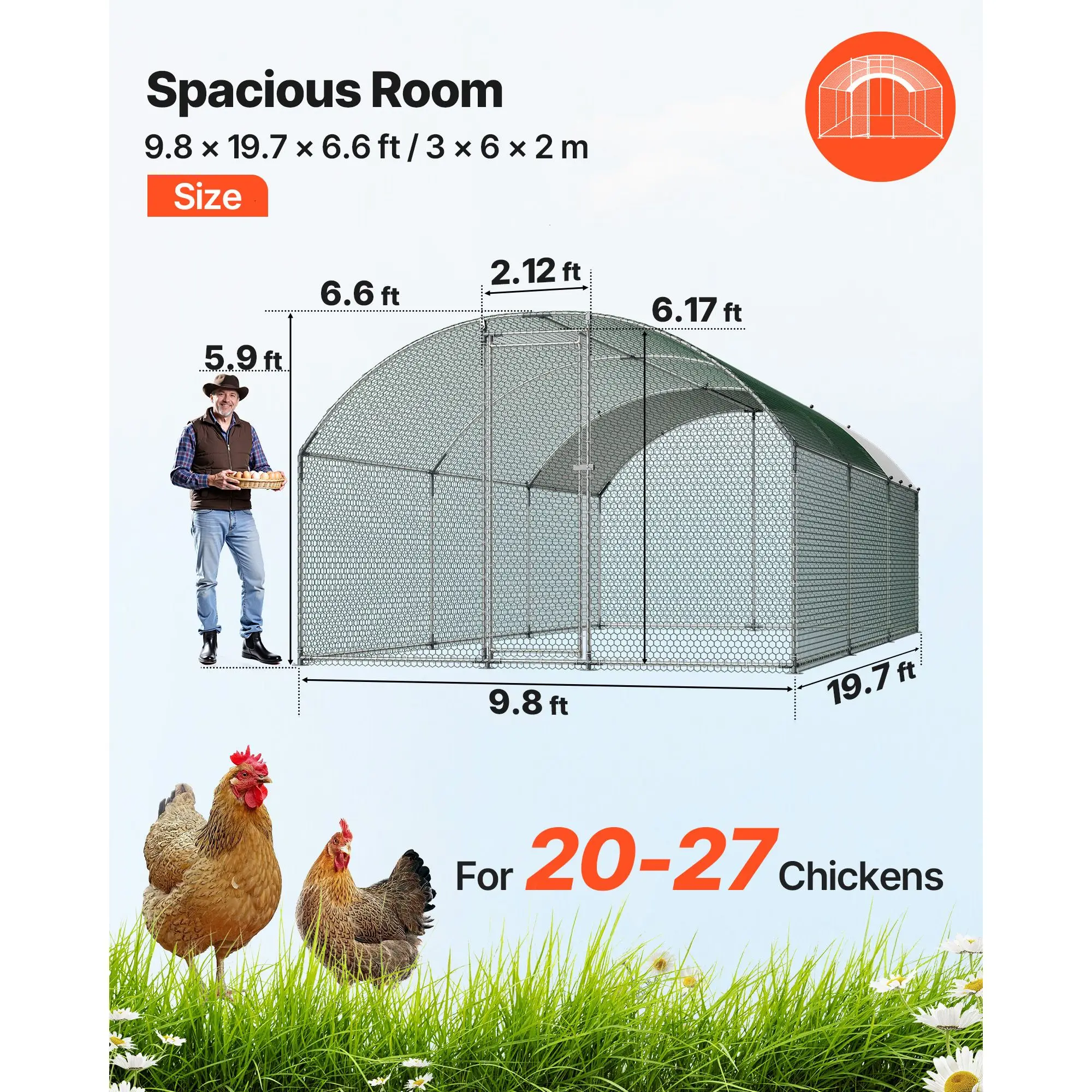 Large Metal Chicken Coop, 9.8 x 19.7 x 6.6 ft, Walk-in Chicken Runs with Waterproof Cover, Dome Roof Hen House Enclosure with Lock, Outdoor Duck Rabbit Cage Poultry Pen for Backyard, Farm, Yard
Large Metal Chicken Coop, 9.8 x 19.7 x 6.6 ft, Walk-in Chicken Runs with Waterproof Cover, Dome Roof Hen House Enclosure with Lock, Outdoor Duck Rabbit Cage Poultry Pen for Backyard, Farm, Yard