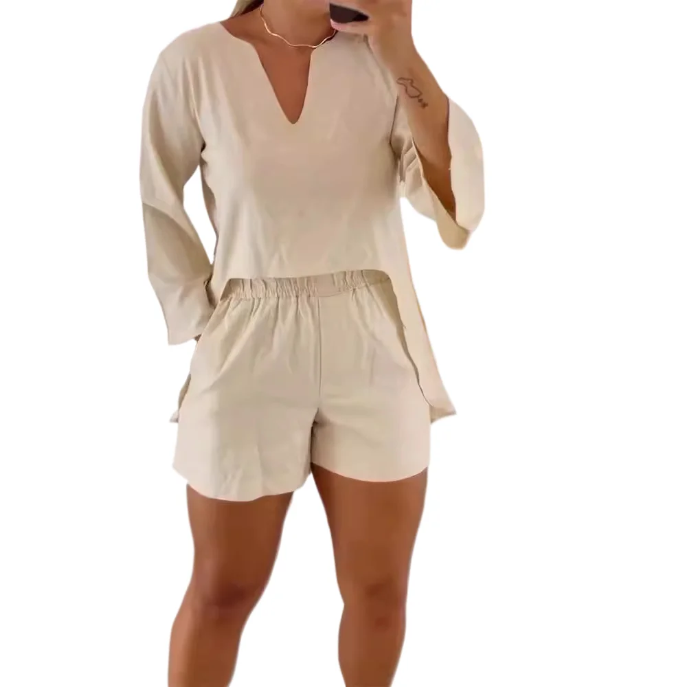 Spring Summer New Solid Two Piece Set Fashion Women's Commuting Casual V-neck Irregular Pullover Top Elastic Waist Shorts Set
Spring Summer New Solid Two Piece Set Fashion Women's Commuting Casual V-neck Irregular Pullover Top Elastic Waist Shorts Set