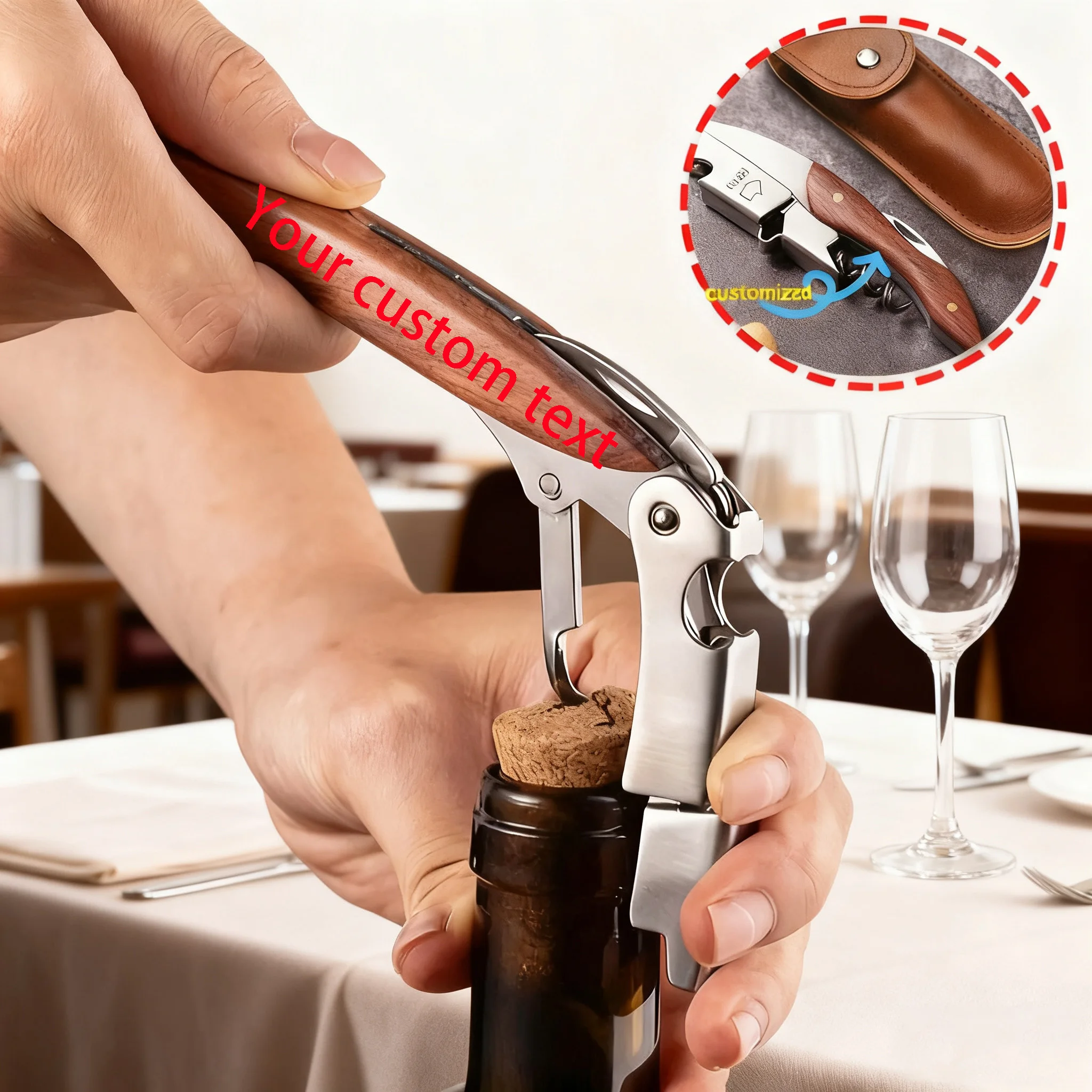 Customizable Personalized Wooden handle Bottle Opener with Leather Case double-hinged Manual Wine Key for Bartenders Waiters
Customizable Personalized Wooden handle Bottle Opener with Leather Case double-hinged Manual Wine Key for Bartenders Waiters