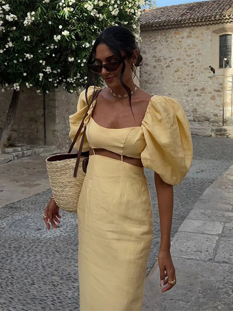 Women's Hollow Out Puff Short Sleeve Midi Dress Solid Elegant Square Neck High Waist Slim Dresses Female 2024 Summer Party Gowns
Women's Hollow Out Puff Short Sleeve Midi Dress Solid Elegant Square Neck High Waist Slim Dresses Female 2024 Summer Party Gowns