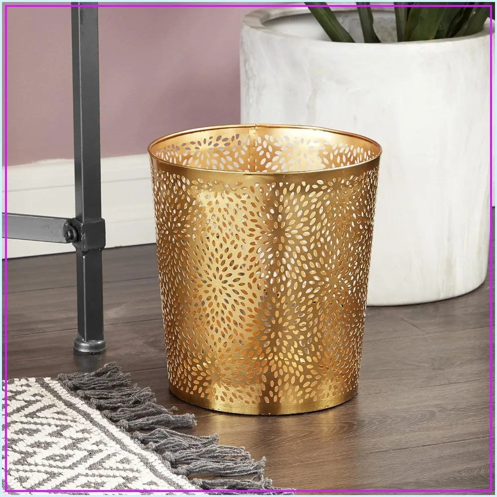 Metal Small Waste Bin with Laser Carved Floral Design, 9" x 9" x 10", Gold
Metal Small Waste Bin with Laser Carved Floral Design, 9" x 9" x 10", Gold