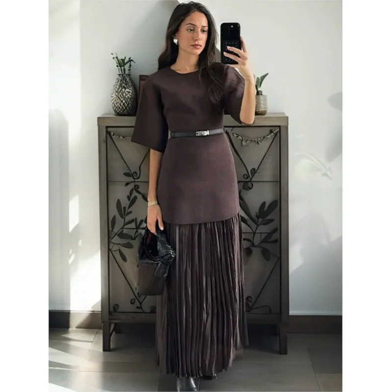Elegant Short Sleeve Long Skirt Ladies Fashion Solid Color Pleated Tulle Patchwork Dress 2025 New Women's Office Commuting
Elegant Short Sleeve Long Skirt Ladies Fashion Solid Color Pleated Tulle Patchwork Dress 2025 New Women's Office Commuting