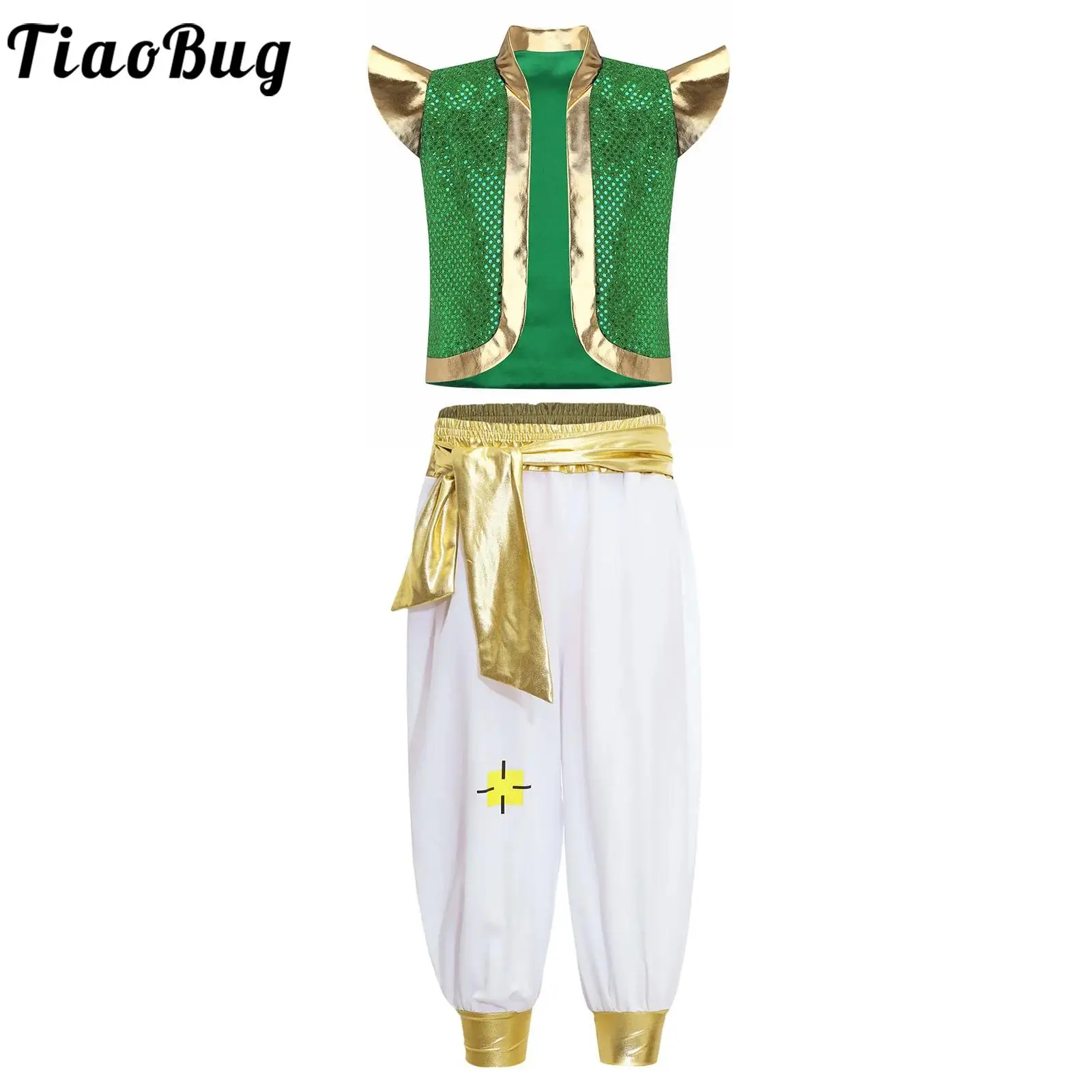 Boys Fancy Arabian Prince Outfits Cap Sleeves Sequins Vest with Pants Halloween Fairy Party Carnival Dress Up Cosplay CostumeS
Boys Fancy Arabian Prince Outfits Cap Sleeves Sequins Vest with Pants Halloween Fairy Party Carnival Dress Up Cosplay CostumeS