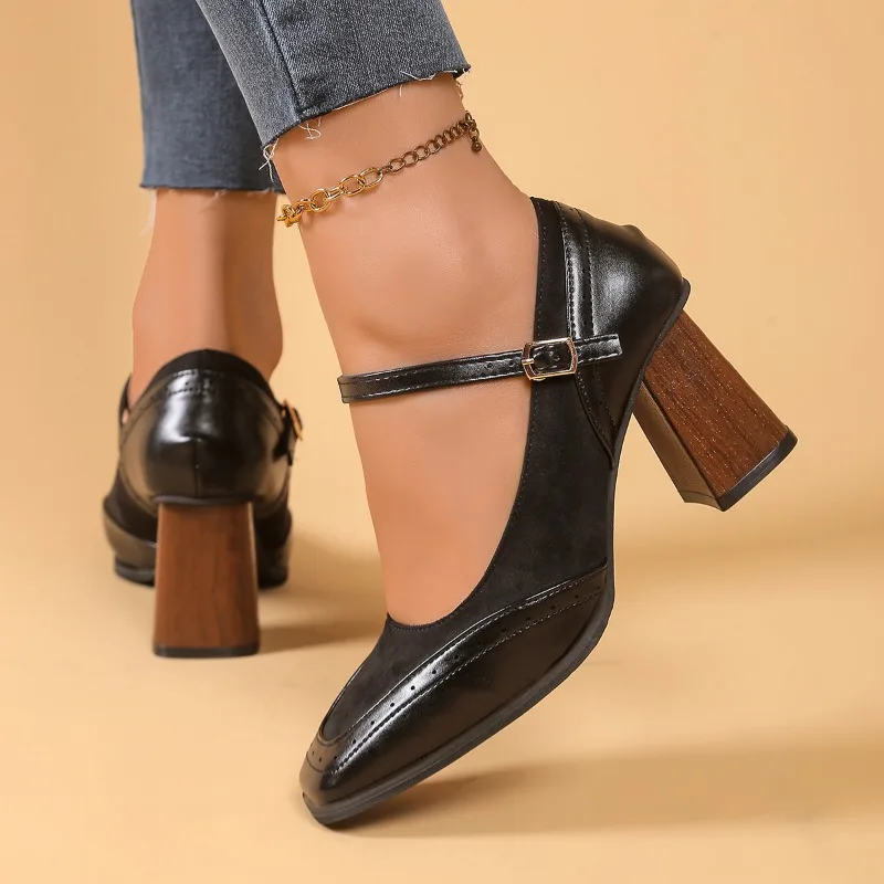 Дышащие туфли-лодочки с квадратным верхом, женские туфли-лодочки на высоком каблуке с регулируемой пряжкой в стиле ретро, однотонные туфли-лодочки из искусственной замши на каблуке Mejur 
Дышащие туфли-лодочки с квадратным верхом, женские туфли-лодочки на высоком каблуке с регулируемой пряжкой в стиле ретро, однотонные туфли-лодочки из искусственной замши на каблуке Mejur