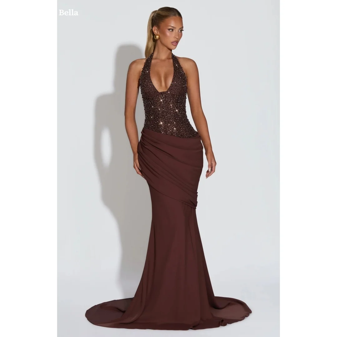 Bella Customized Dark Brown Halter Neck Deep V Prom Dress Beaded Bodice Ruched Mermaid Floor Length Train Party Dresses 2026
Bella Customized Dark Brown Halter Neck Deep V Prom Dress Beaded Bodice Ruched Mermaid Floor Length Train Party Dresses 2026