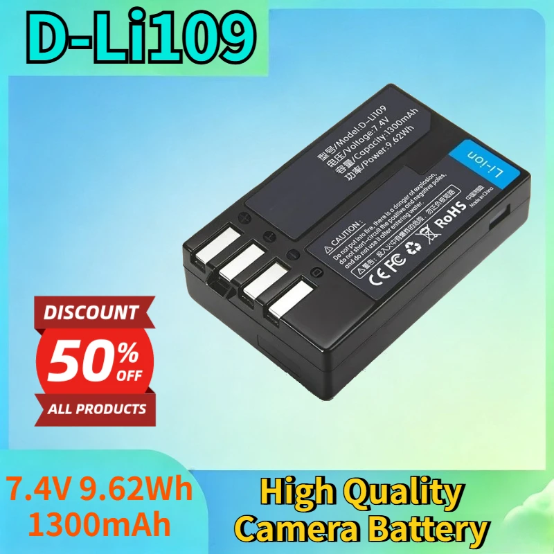 D-Li109 7.4V 9.62Wh 1300mAh Li-ion Rechargeable Battery for Pentax K-30 K-50 K-70 K-500 K-S2 K-S1 High Quality Camera Battery
D-Li109 7.4V 9.62Wh 1300mAh Li-ion Rechargeable Battery for Pentax K-30 K-50 K-70 K-500 K-S2 K-S1 High Quality Camera Battery