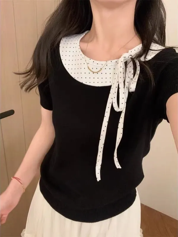 Black Polka Dot Short Sleeve Knitted Shirt Women's Slim Fit Doll Collar Design Spring 2026 Early New Style Belted Top
Black Polka Dot Short Sleeve Knitted Shirt Women's Slim Fit Doll Collar Design Spring 2026 Early New Style Belted Top